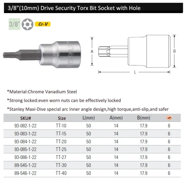 Dado de Seguridad TORX STANLEY 3/8" y 1/2" - Tamaños TT10 a TT60 - Imagen 10