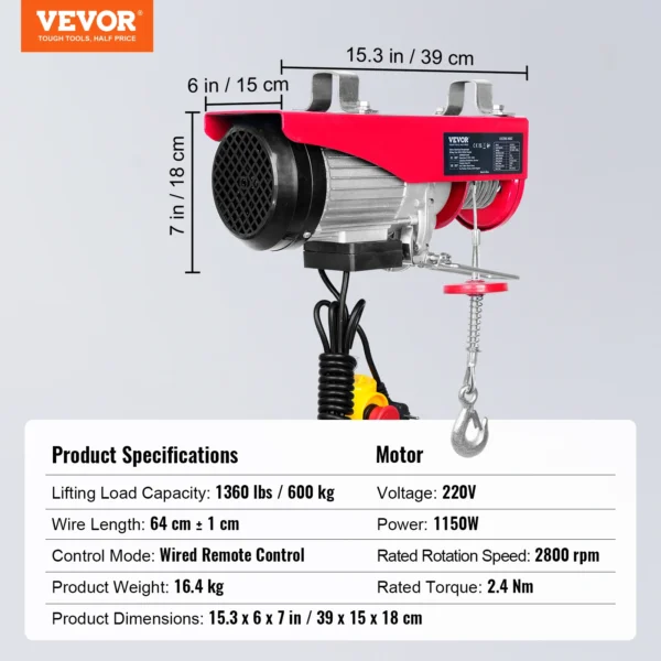 Polipasto Eléctrico SucceBuy 880/1760/2640 lbs con Motor de Cobre Puro, Altura de Elevación 12 m y Control Remoto por Cable - Imagen 5