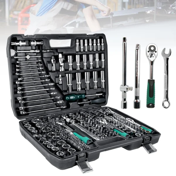 Maletín de Herramientas 216 Piezas – Llaves de Carraca, Vasos, Llaves Allen y Accesorios para Reparación de Coches y Taller
