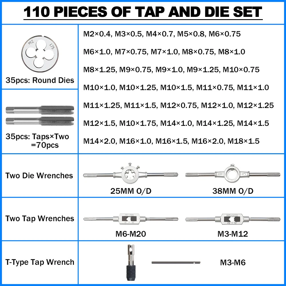 Podofo Juego de Terrajas y Machos de Rosca 110 Piezas – Métrico y Estándar, Acero Titanio, con Llaves y Maletín - Imagen 3