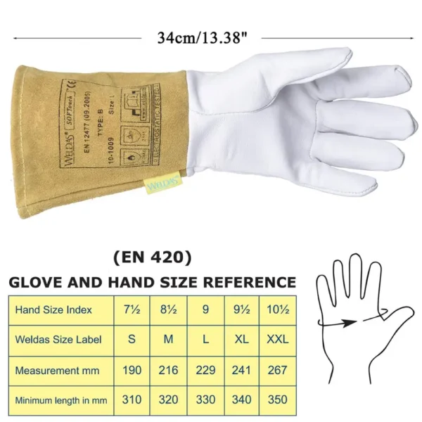 Guantes TIG de Soldadura 34 cm – Palma de Piel de Cabra y Puño de Cuero Vacuno - Imagen 3