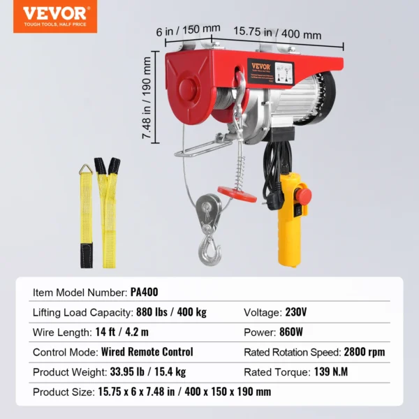 Polipasto Eléctrico SucceBuy 880/1760/2640 lbs con Motor de Cobre Puro, Altura de Elevación 12 m y Control Remoto por Cable - Imagen 6