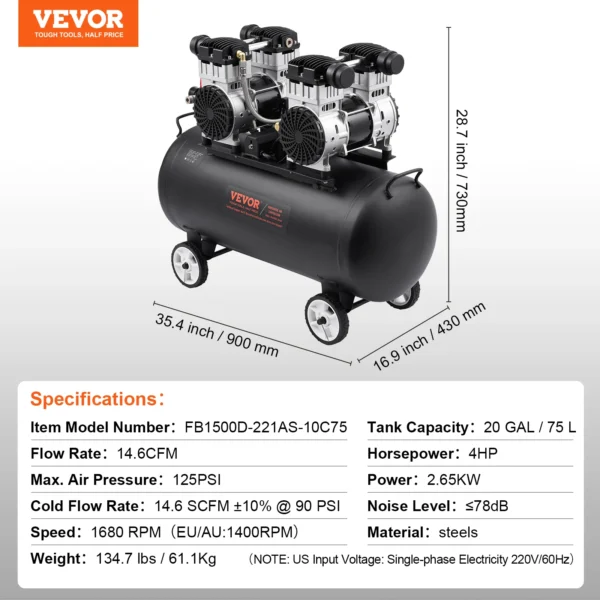 Compresor de Aire Silencioso Oil-Free SucceBuy – 750W/1450W/3000W, Portátil para Taller y Reparaciones - Imagen 5