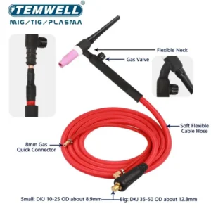 Antorcha TIG WP17F/WP17FV 150A con Manguera Flexible, Válvula de Gas y Conectores DKJ10-25 / DKJ35-50 – 3m o 5m