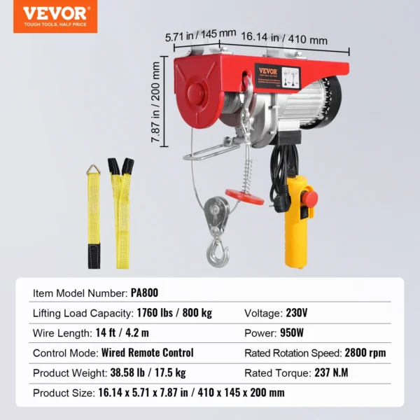 Polipasto Eléctrico SucceBuy 880/1760/2640 lbs con Motor de Cobre Puro, Altura de Elevación 12 m y Control Remoto por Cable - Imagen 7
